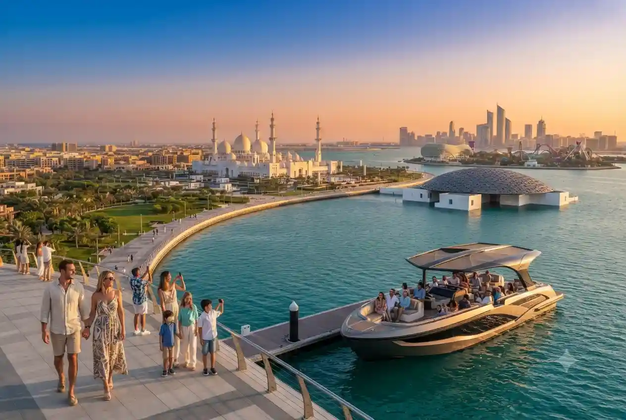 Scenic view of Abu Dhabi featuring Sheikh Zayed Grand Mosque, Corniche, and iconic attractions.