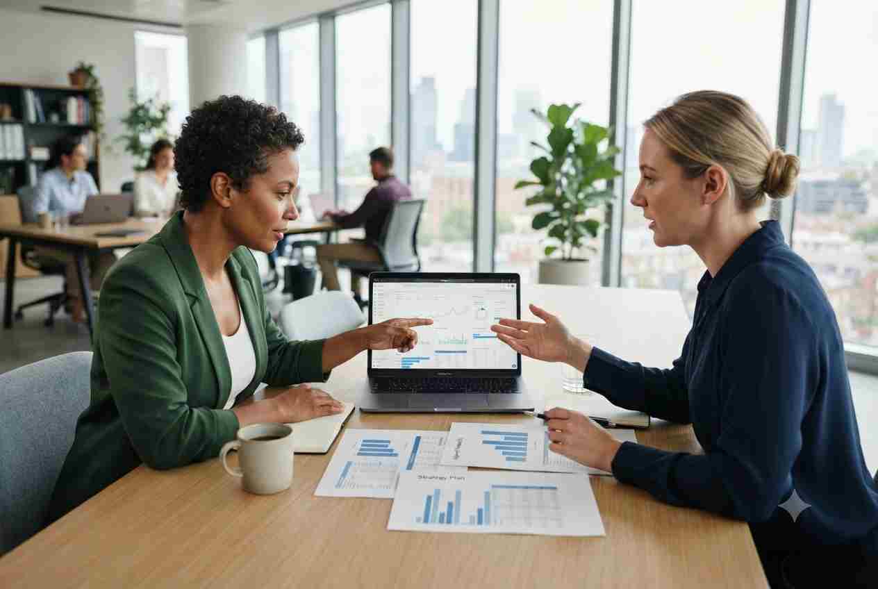 Business owner discussing affordable SEO services with a digital marketing professional.