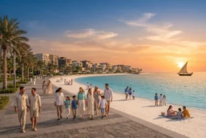 Scenic view of Ajman Corniche and beach with waterfront attractions in the UAE.