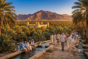 Scenic view of Al Ain Oasis, Jebel Hafeet, and historic attractions in the UAE's Garden City.