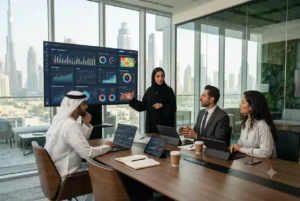 Business professionals in a UAE office analyzing performance dashboards and business analytics reports.