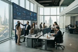 Business professionals using information systems and analytics dashboards