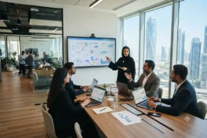 Business professionals in a UAE office reviewing operational workflows and business performance dashboards.