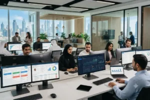 Business professionals in a UAE office using modern business software for operations and productivity.