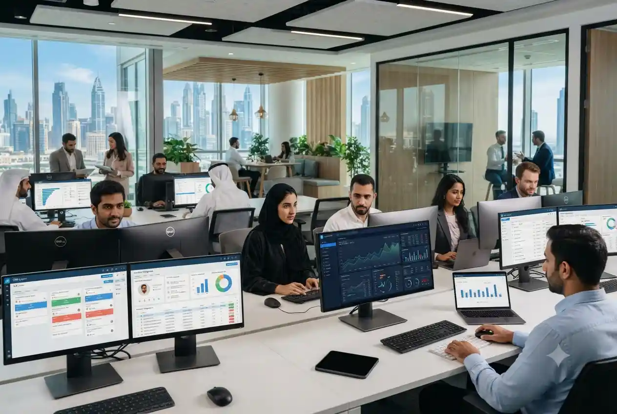 Business professionals in a UAE office using modern business software for operations and productivity.