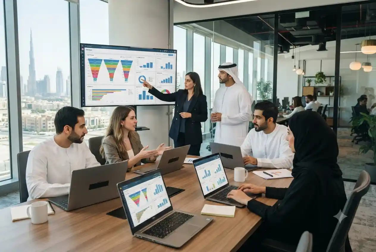 Sales professionals in a UAE office using CRM software to manage customer relationships and sales opportunities.