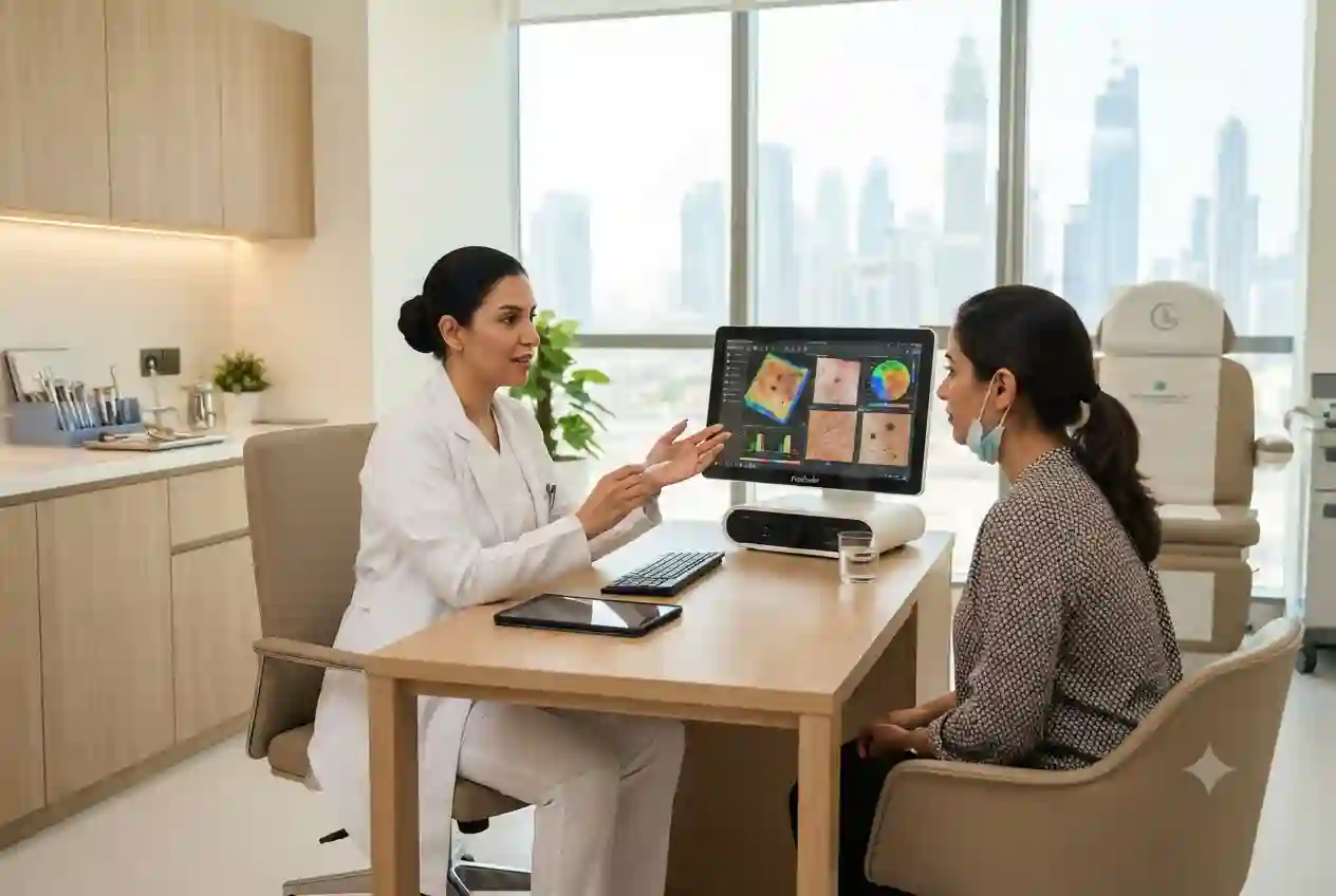 Dermatologist consulting a patient at a modern clinic in Dubai Healthcare City