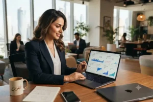 Small business owner analyzing digital marketing performance and SEO metrics