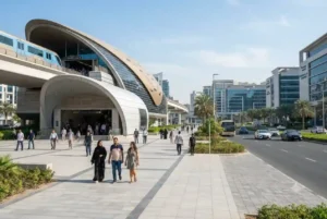 Exterior entrance of Dubai Healthcare City Metro Station in Dubai