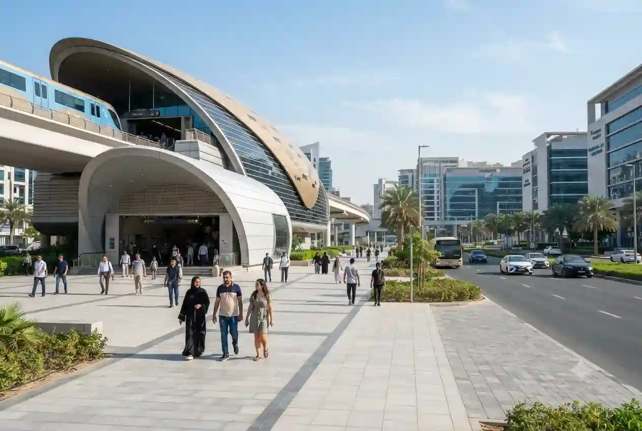 Exterior entrance of Dubai Healthcare City Metro Station in Dubai