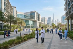 Modern buildings and healthcare facilities in Dubai Healthcare City