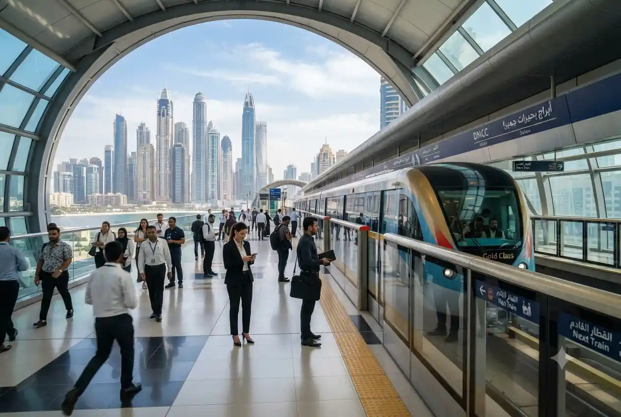 Dubai Metro train at a station representing career opportunities in Dubai Metro