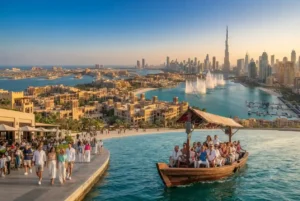 Panoramic view of Dubai featuring Burj Khalifa, Dubai Marina, and major tourist attractions.