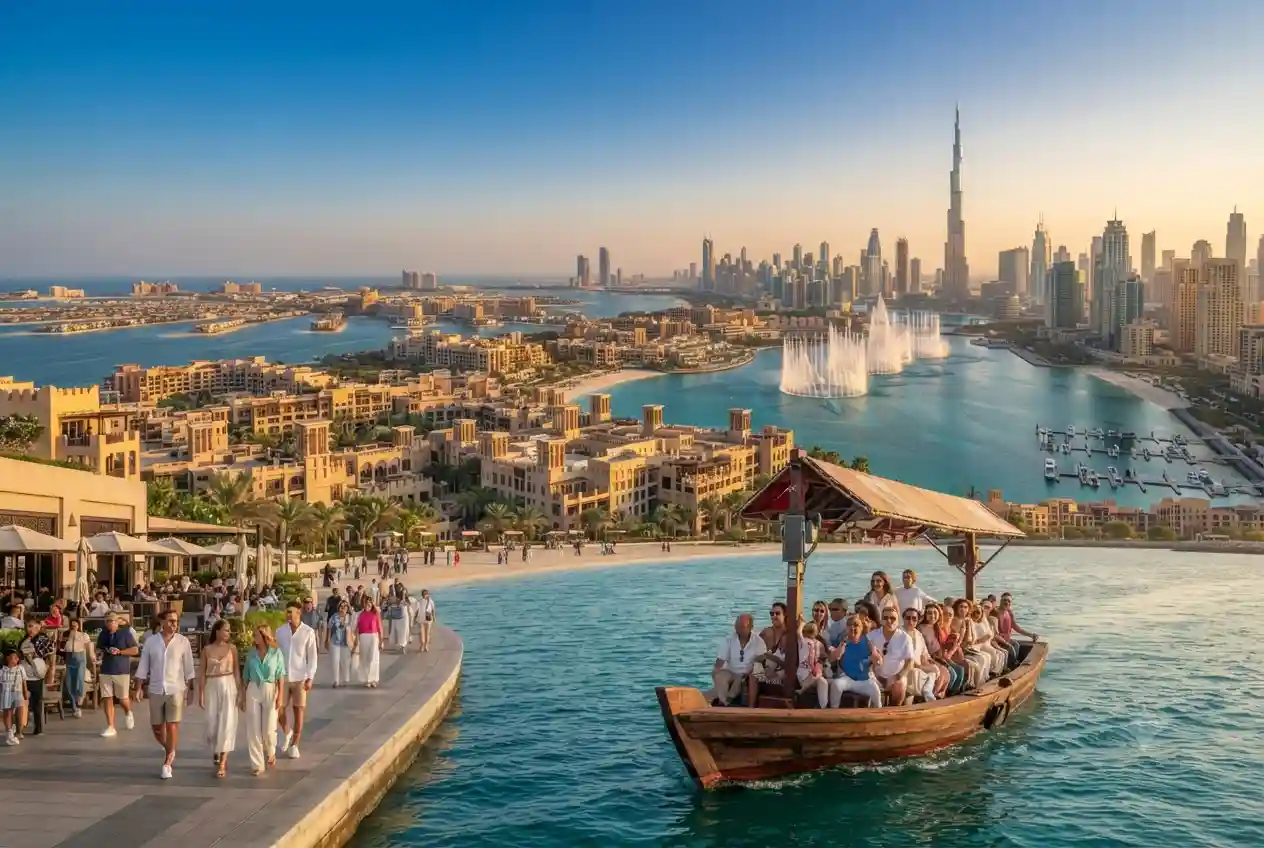 Panoramic view of Dubai featuring Burj Khalifa, Dubai Marina, and major tourist attractions.
