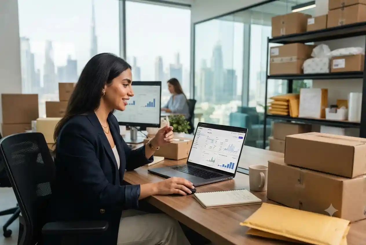 Entrepreneur managing an ecommerce business with online orders and shipping boxes.