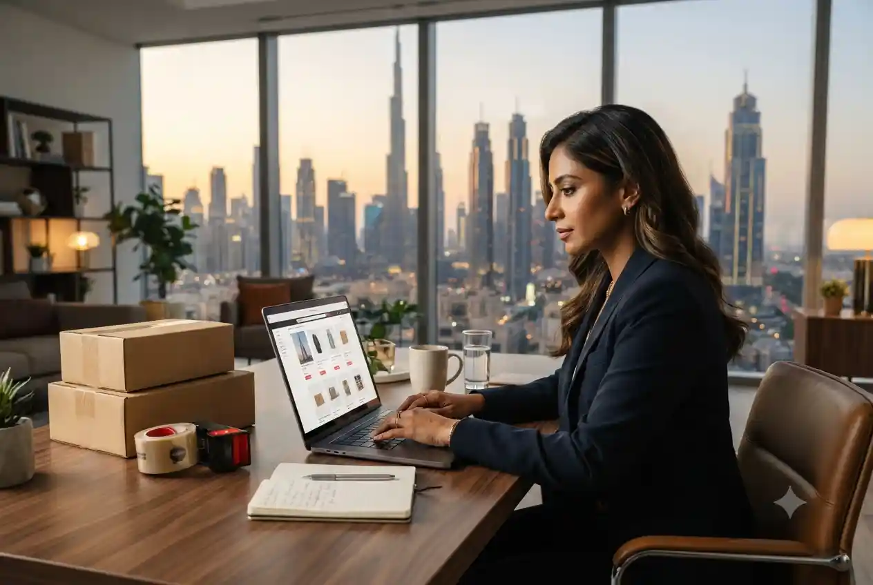 Entrepreneur managing an ecommerce business in Dubai office.