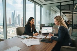 Entrepreneur discussing ecommerce license requirements with a business consultant in Abu Dhabi.