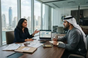 Business owner reviewing ecommerce license costs with a financial consultant in Dubai.