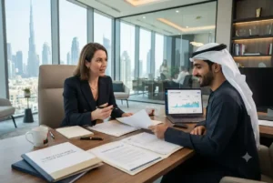 Business owner reviewing ecommerce license documents in a Dubai office.
