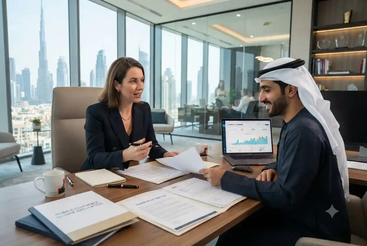 Business owner reviewing ecommerce license documents in a Dubai office.