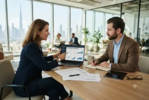 Entrepreneur reviewing ecommerce license documents with a business consultant in the UAE.