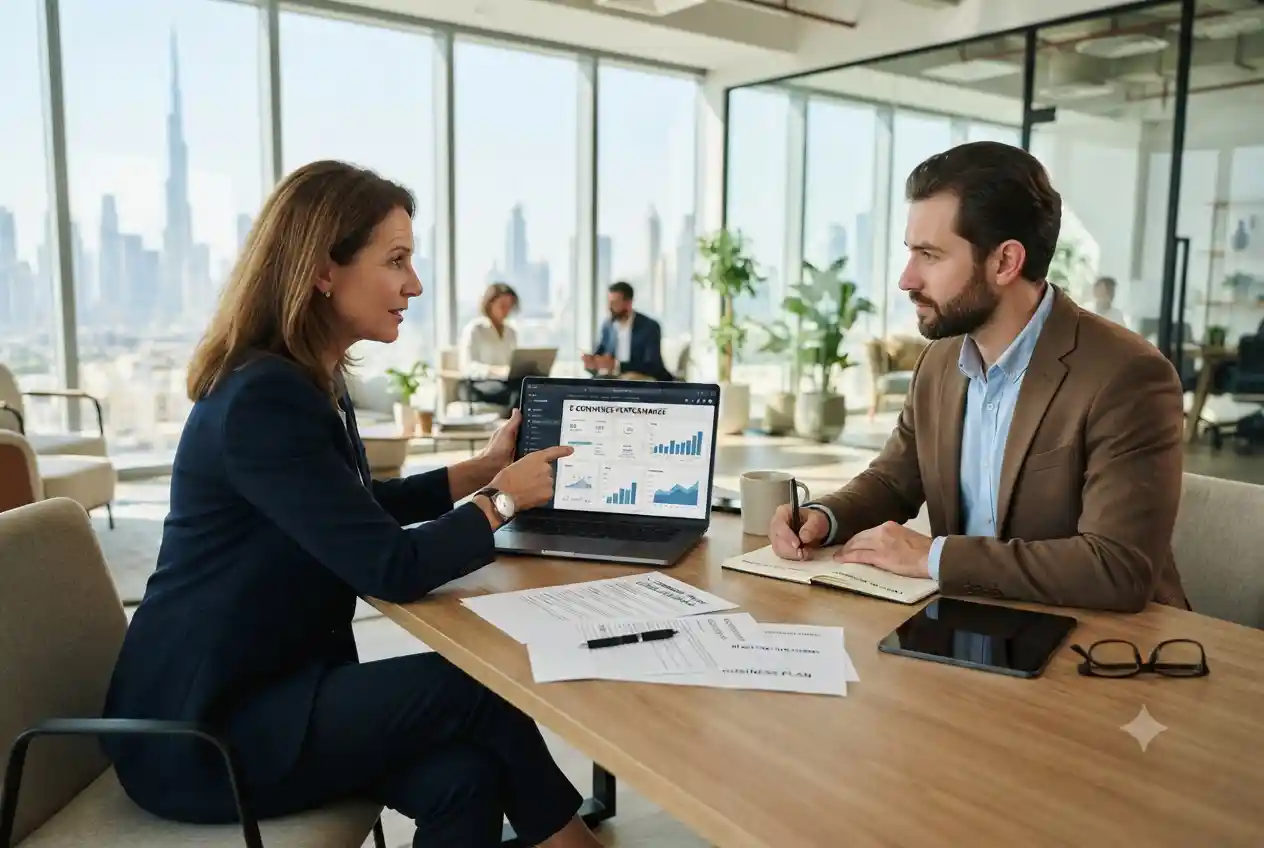Entrepreneur reviewing ecommerce license documents with a business consultant in the UAE.