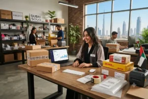 Modern ecommerce business operations in the UAE with online shopping and order fulfillment.