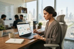 UAE entrepreneur creating an email marketing campaign using a laptop in a modern office.