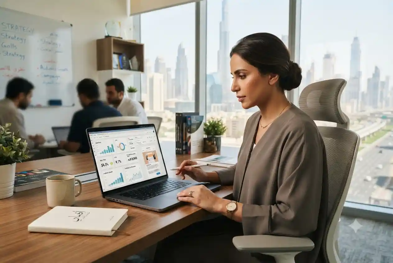UAE entrepreneur creating an email marketing campaign using a laptop in a modern office.