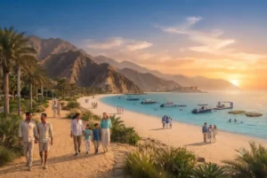 Scenic view of Fujairah's coastline, mountains, beaches, and historic attractions on the UAE's east coast.