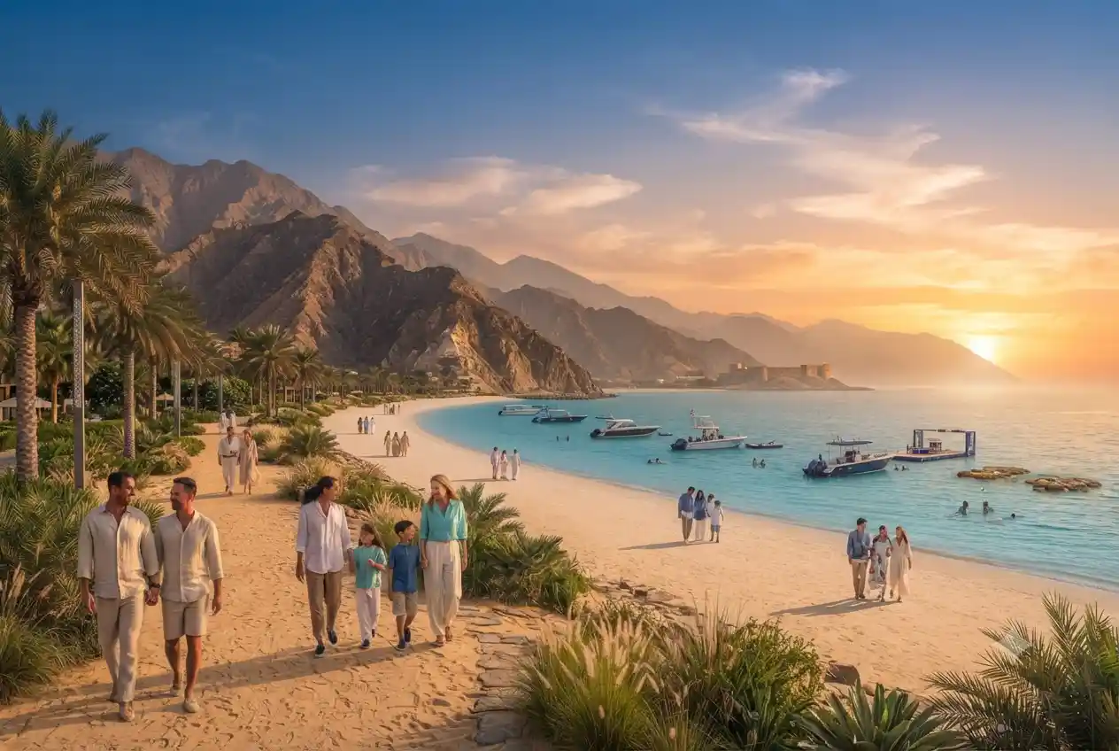 Scenic view of Fujairah's coastline, mountains, beaches, and historic attractions on the UAE's east coast.