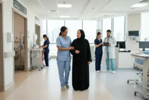 Healthcare assistant helping a patient in a modern Dubai hospital