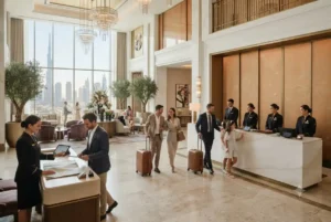 Luxury hotel reception in Dubai representing hospitality career opportunities