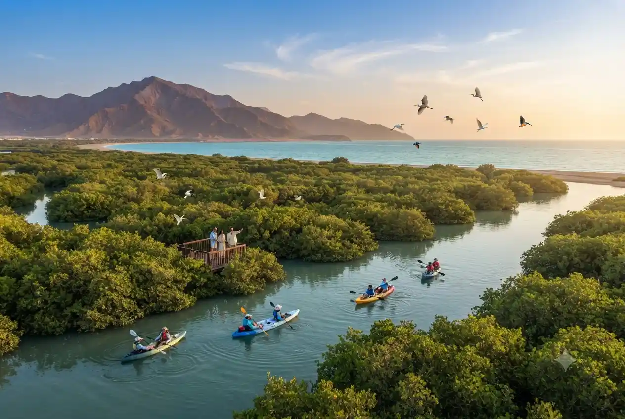 Scenic view of Kalba Mangrove Reserve, beaches, and mountain landscapes on Sharjah's east coast.