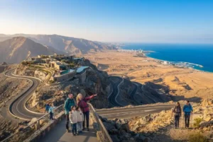 Winter landscape of Jebel Jais and Ras Al Khaimah featuring mountains, coastline, and outdoor attractions.