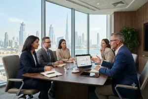 Professional SEO consultant in Dubai discussing search engine optimization strategy with business clients.