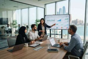 Professional SEO experts in Abu Dhabi reviewing website optimization and search performance