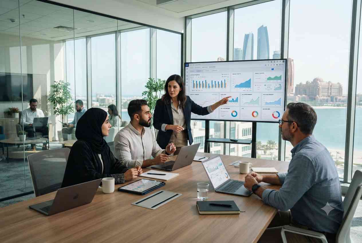 Professional SEO experts in Abu Dhabi reviewing website optimization and search performance