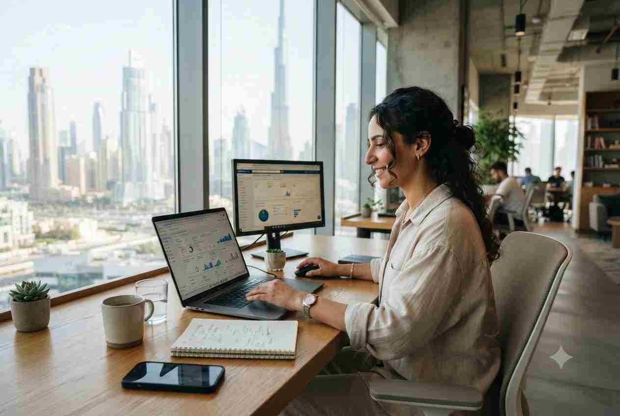 Professional SEO freelancer in Dubai analyzing website search engine performance.