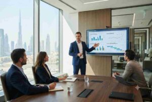 Business professionals reviewing SEO packages and search engine optimization strategy in Dubai.