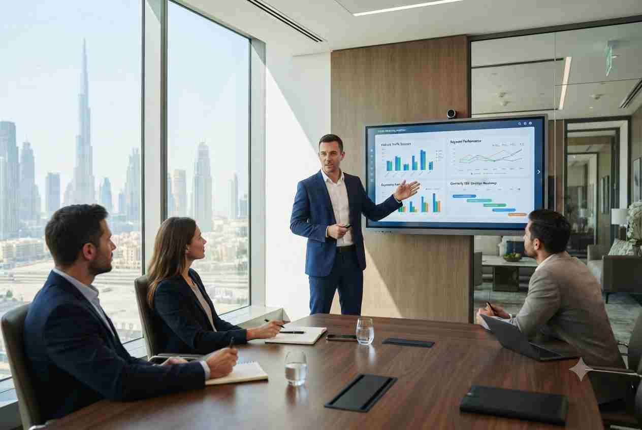 Business professionals reviewing SEO packages and search engine optimization strategy in Dubai.