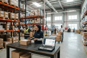 Warehouse staff managing inventory with barcode scanners and inventory software in a UAE business.