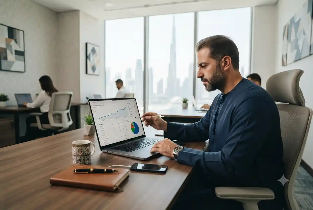 Business owner in the UAE analyzing SEO performance and website search rankings on a laptop.