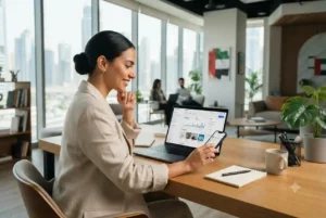 Small business owner in the UAE managing social media marketing campaigns from a modern office.