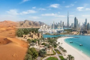 Iconic attractions representing tourism in UAE including Dubai skyline, desert, beach, and Abu Dhabi landmarks.