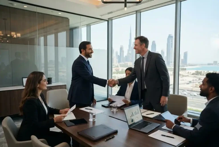 Business executives discussing B2B services during a partnership meeting in the UAE