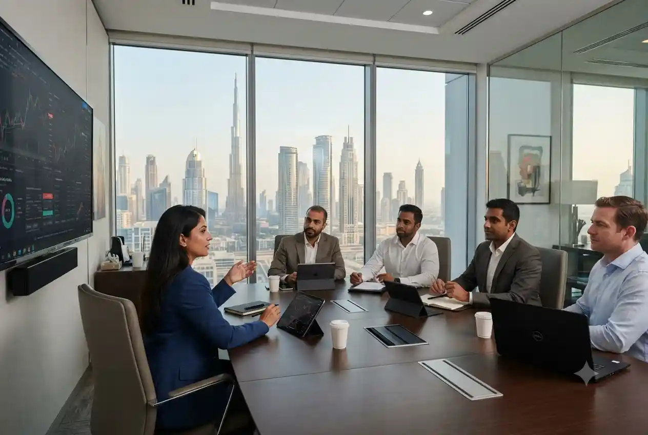 Banking professionals working in a modern financial institution in the UAE