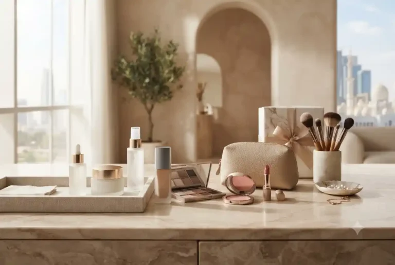 Beauty and cosmetics products arranged on a modern vanity