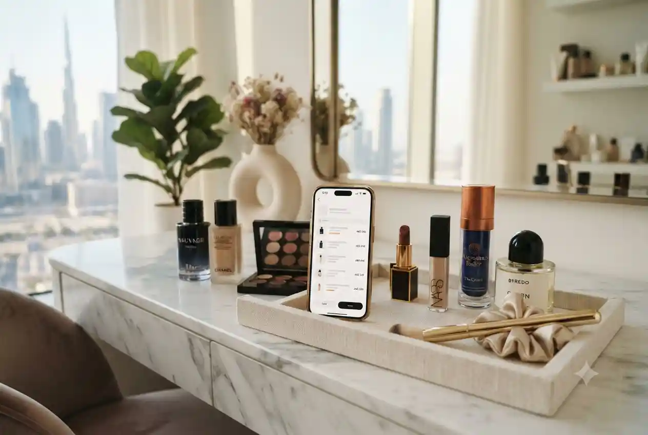 Beauty products and smartphone representing discount shopping