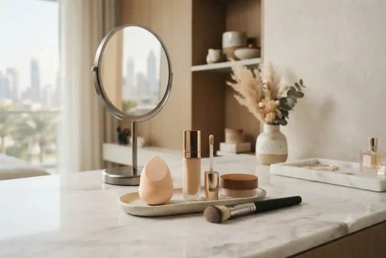 Beauty blender sponge with foundation and makeup products